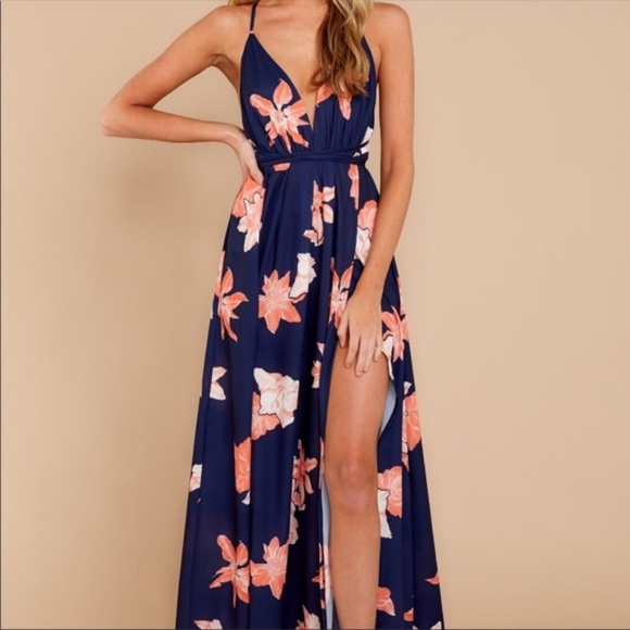 1 LEFT SZ L! Floral Open Back High Slit Maxi Dress - Picture 7 of 8